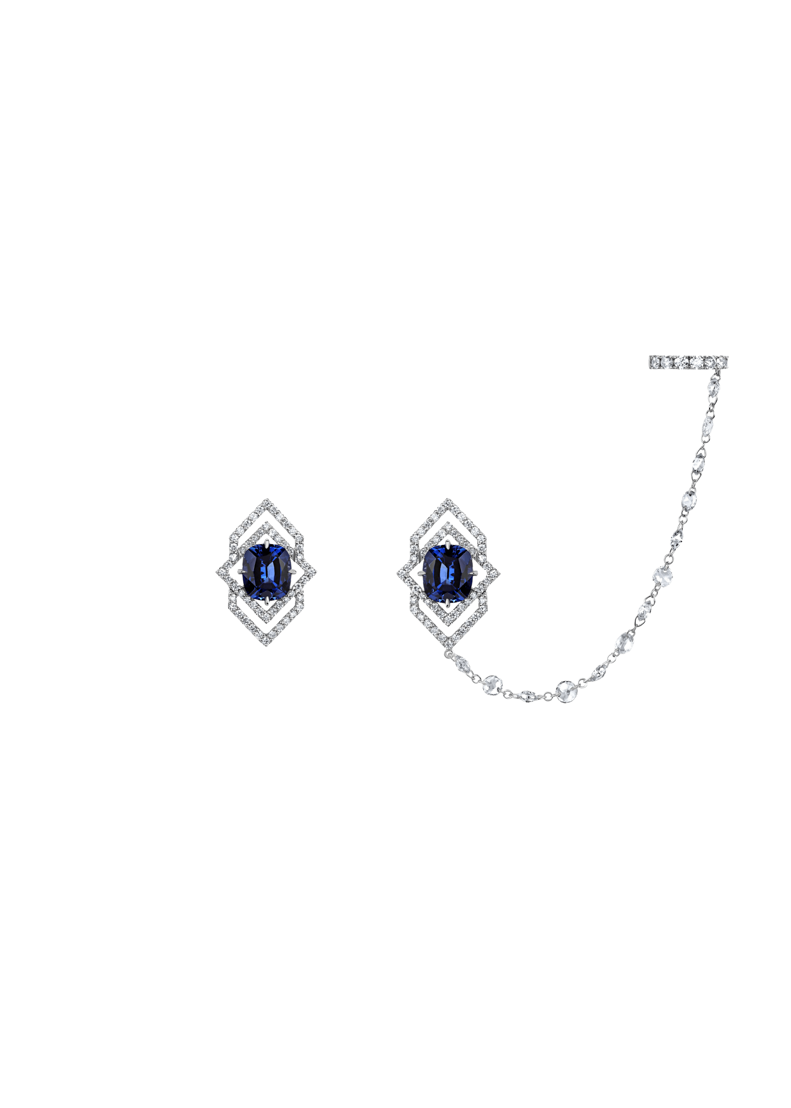 "THE BLUE EYE" SAPPHIRE EARRING/EARCUFF/ 5.454 CTW
 18K White Gold
