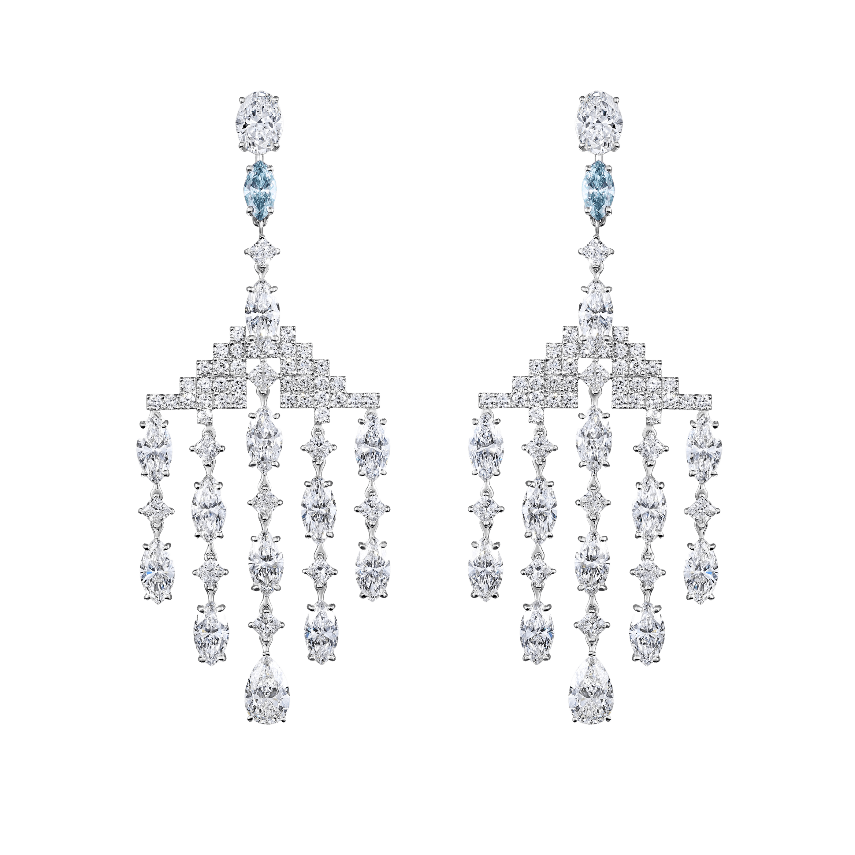 "COSMIC RAYS" BLUE DIAMOND "CHANDELIER" EARRINGS  / 20.56 CTW
 18K White Gold