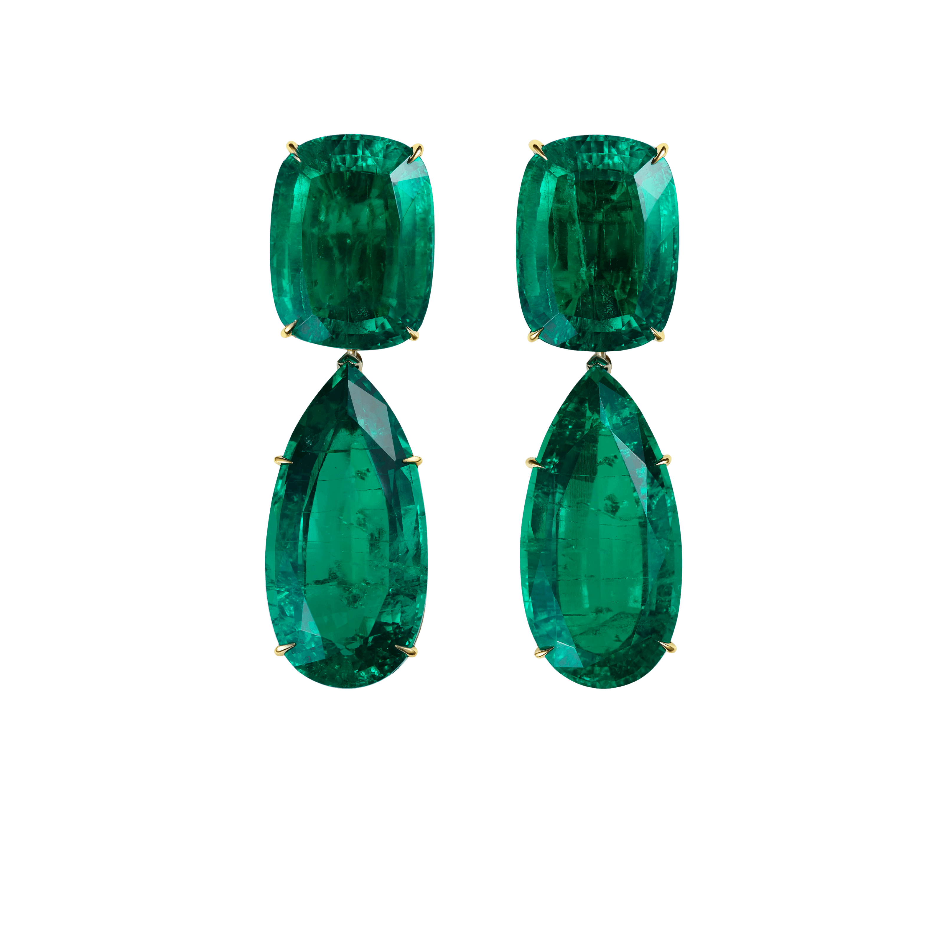 "GREEN BURST" EMERALD EARRINGS / 93.690 CTW
 18K Yellow Gold