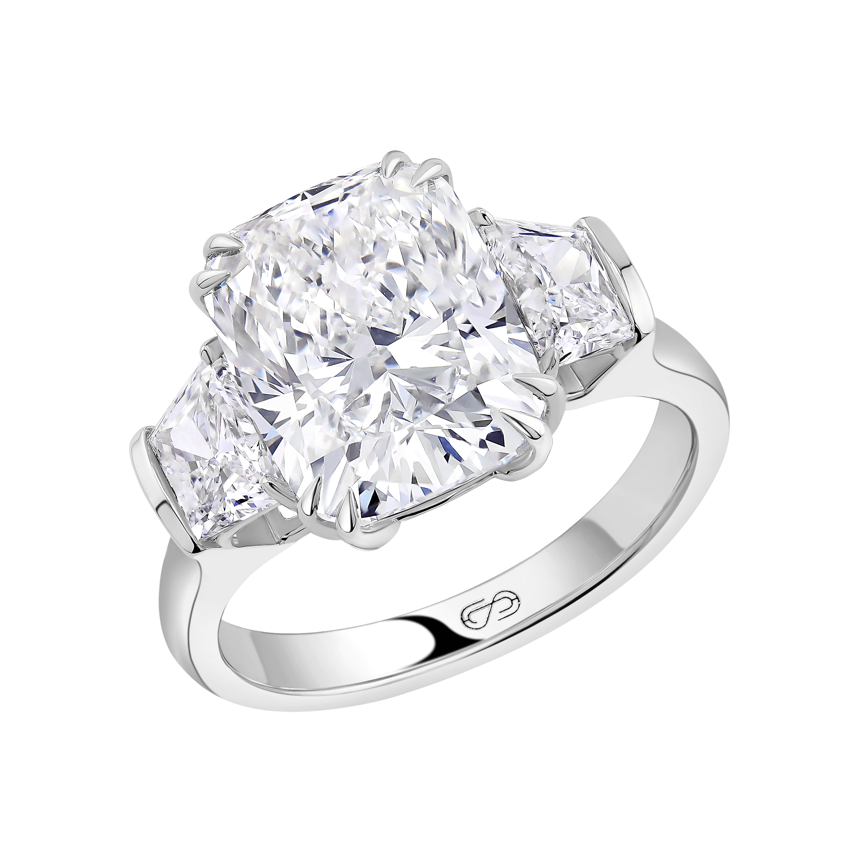 CUSHION THREE STONE ENGAGEMENT RING 
 5.15 CTW  18k White Gold 