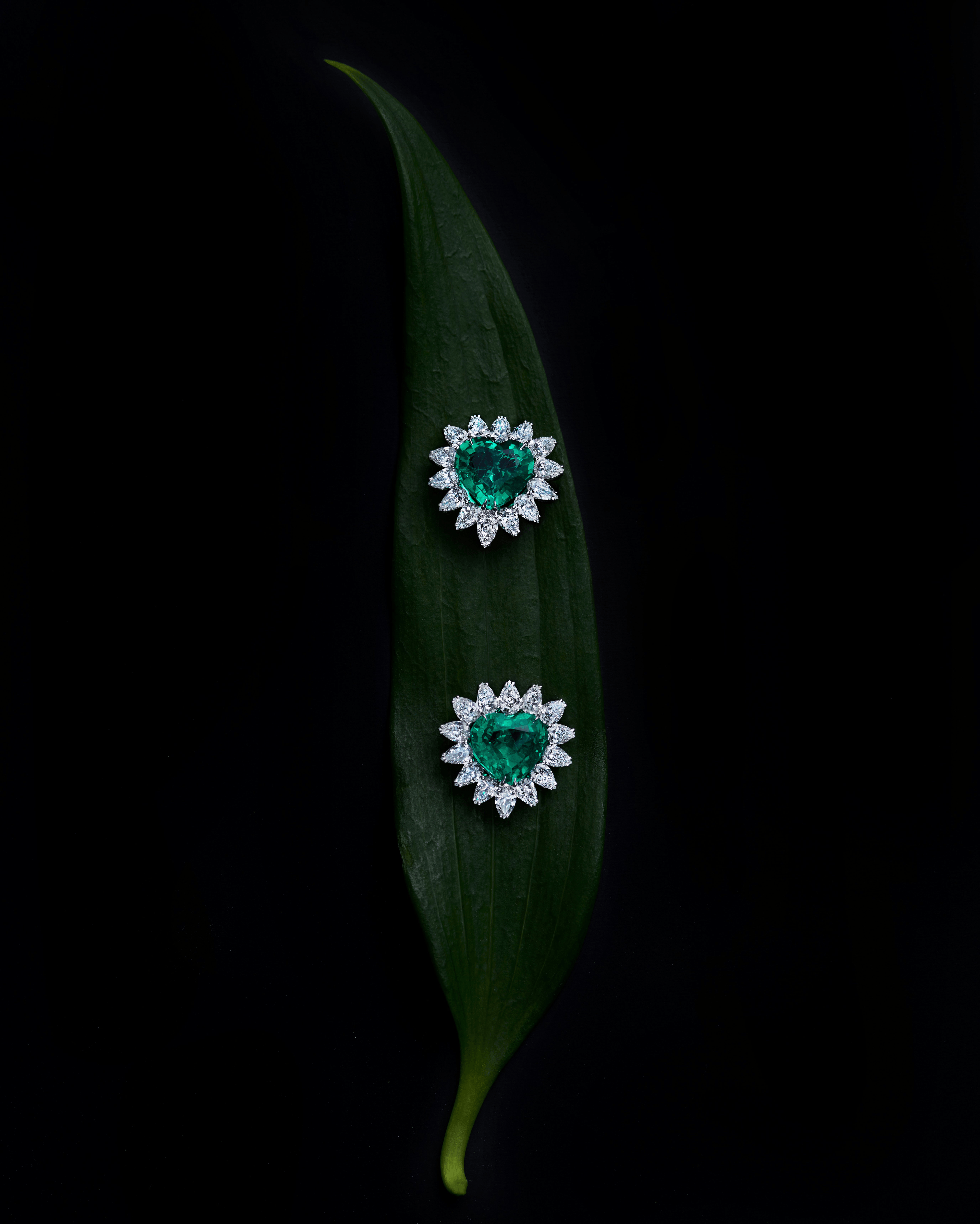 "HEART RAYS" EMERALD EARRINGS / 16.099 CTW
 18K White Gold