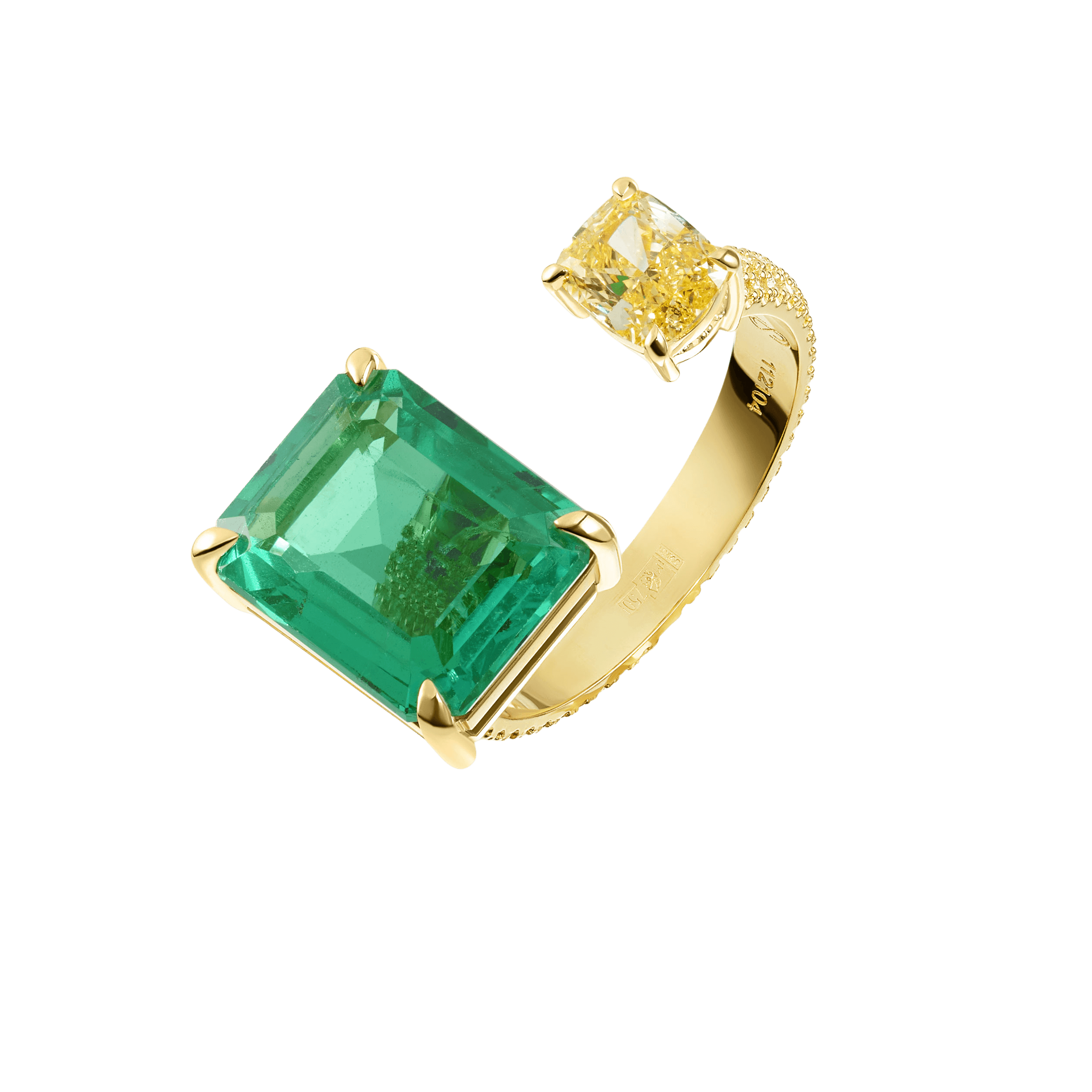 "CO-ORBITAL" YELLOW DIAMOND AND EMERALD HUG RING / 5.51 CTW
18K Yellow Gold