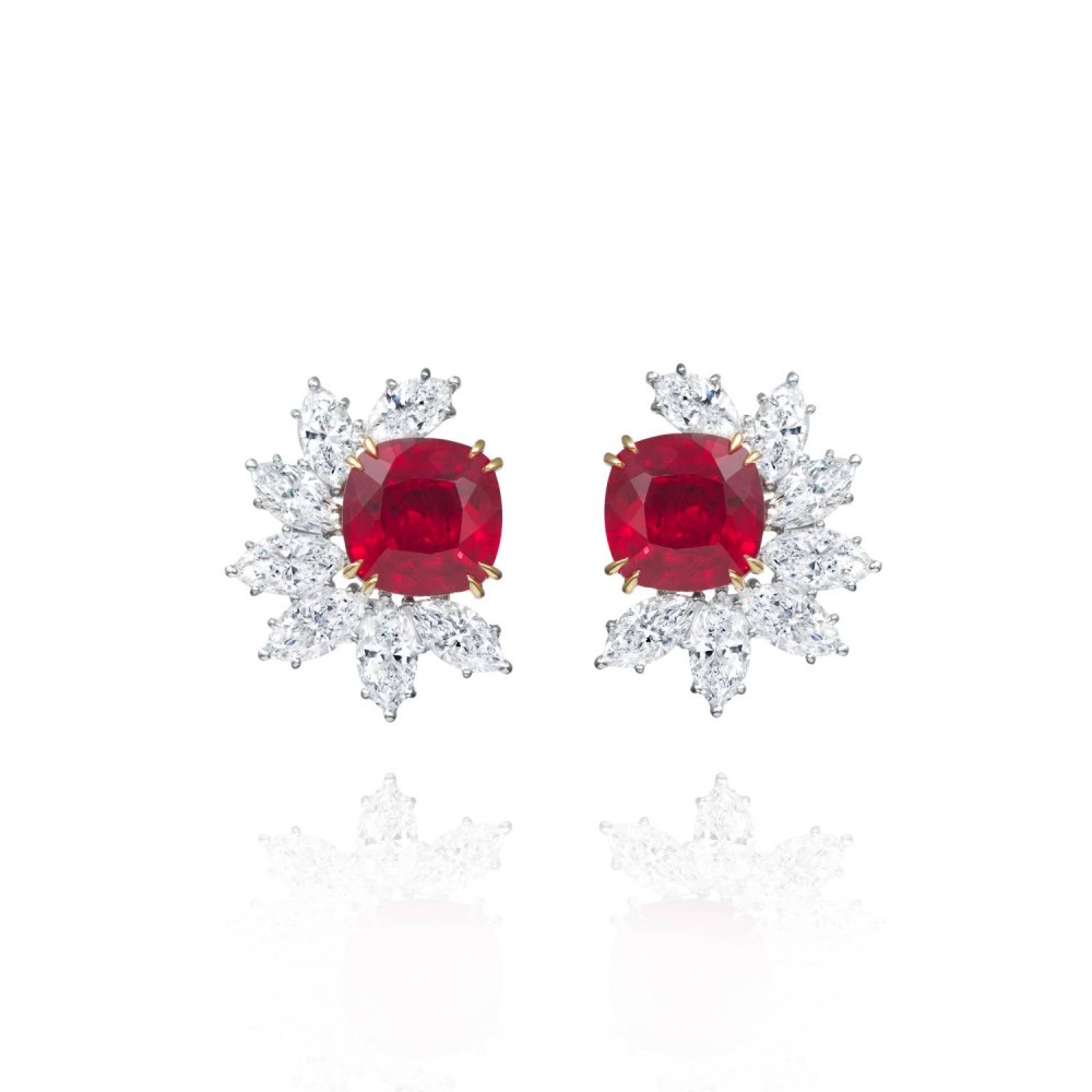 Earrings, 18-carat white gold with diamonds and rubies