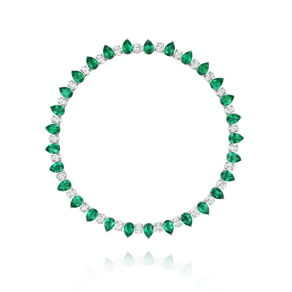 Necklace, 18-carat white gold with diamonds and emeralds