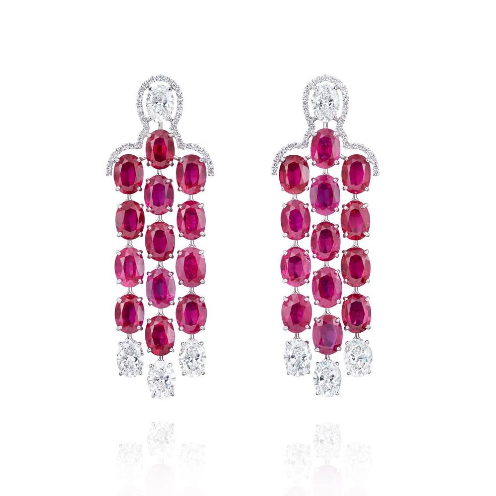 Earrings, 18-carat white gold with diamonds and rubies