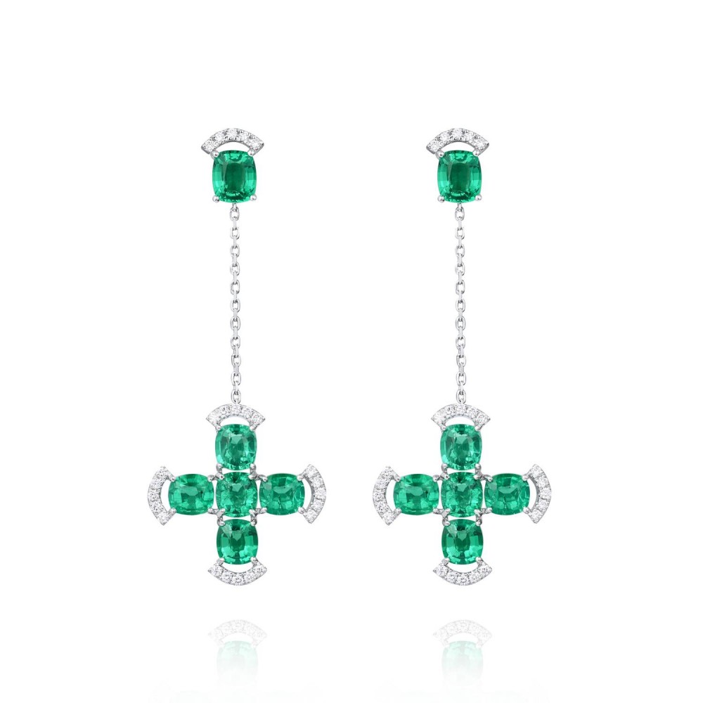 Earrings, 18-carat white gold with diamonds and emeralds