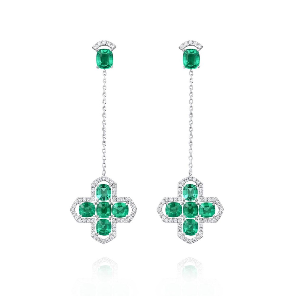 Earrings, 18-carat white gold with diamonds and emeralds