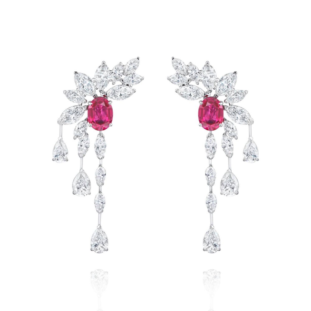 Earrings, 18-carat white gold with diamonds and rubies