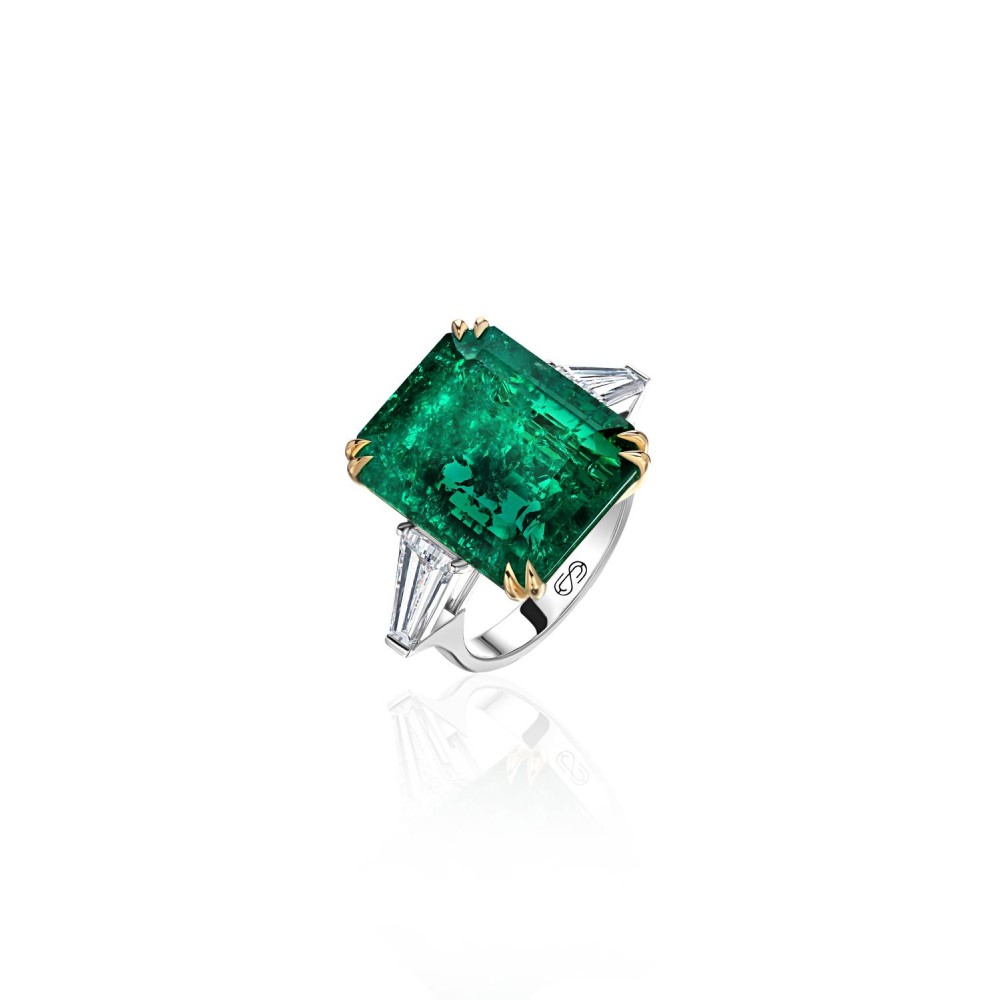 Ring, 18-carat white & yellow gold with diamonds & emeralds