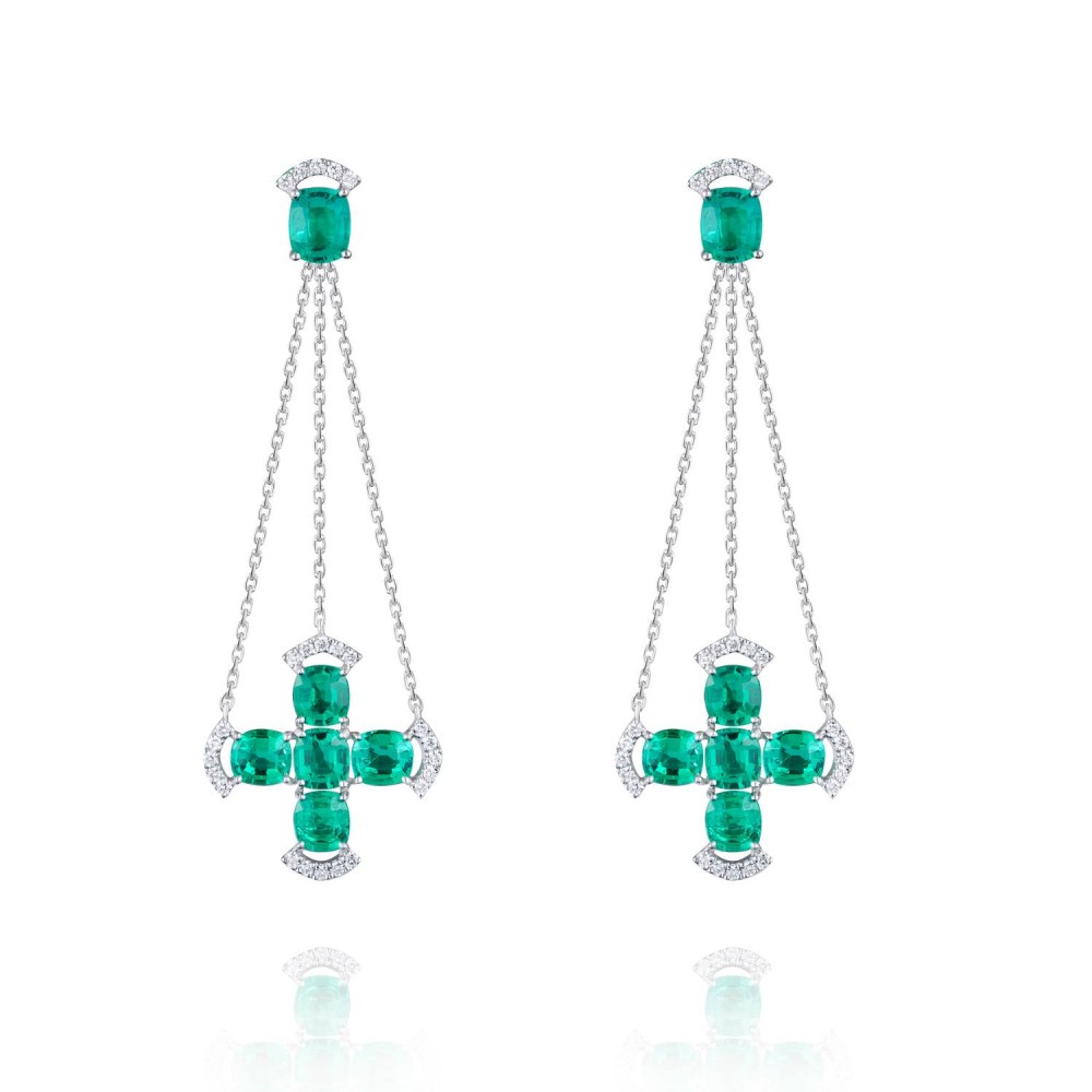 Earrings, 18-carat white gold with diamonds and emeralds