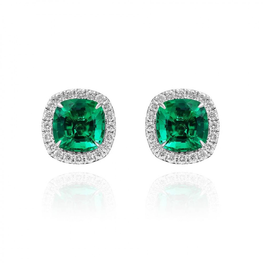 Stud earrings, 18-carat white gold with diamonds and emeralds