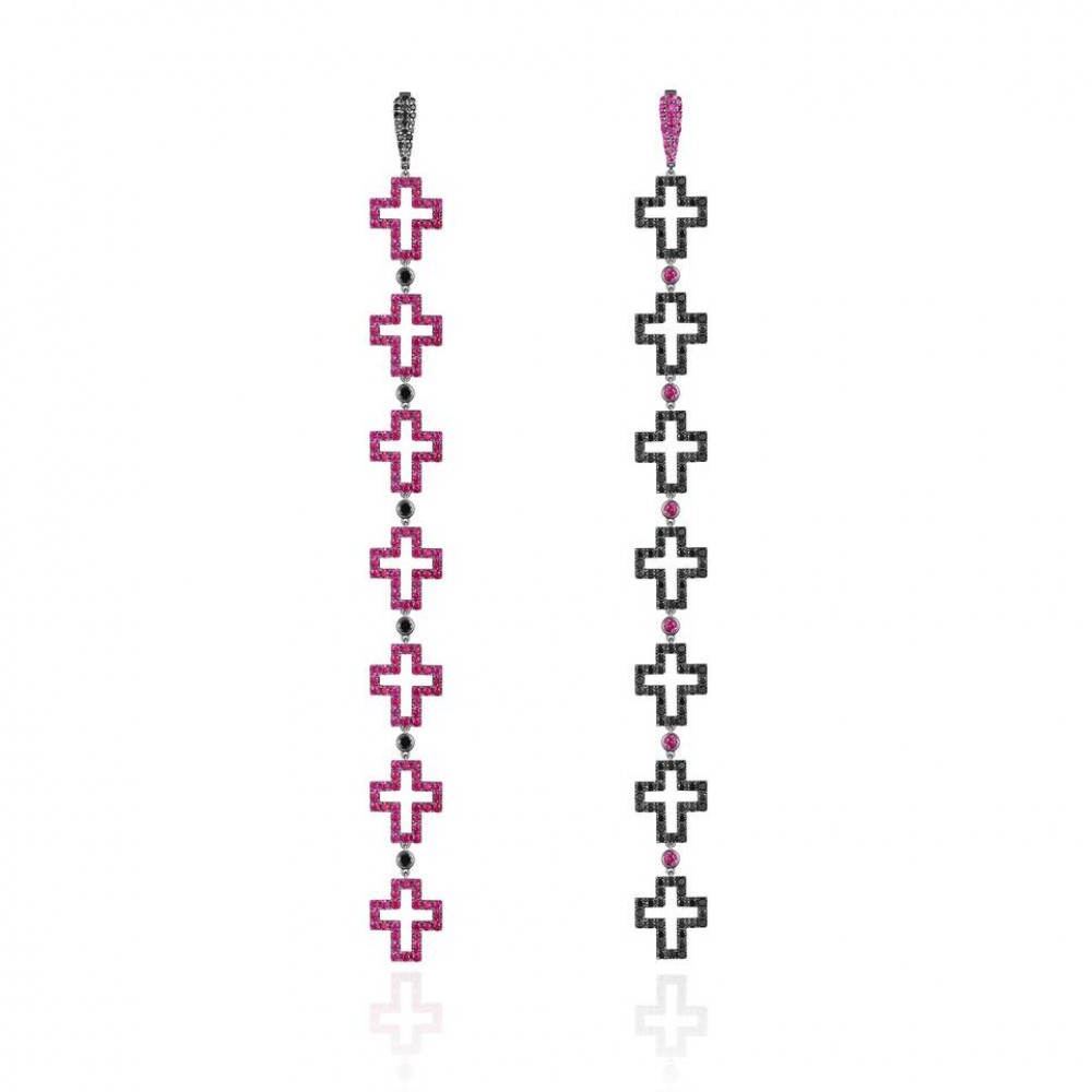 Earrings Crosses, 18-carat white gold with diamonds and rubies