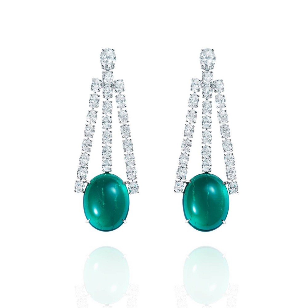 Earrings, 18-carat white gold with diamonds and emeralds