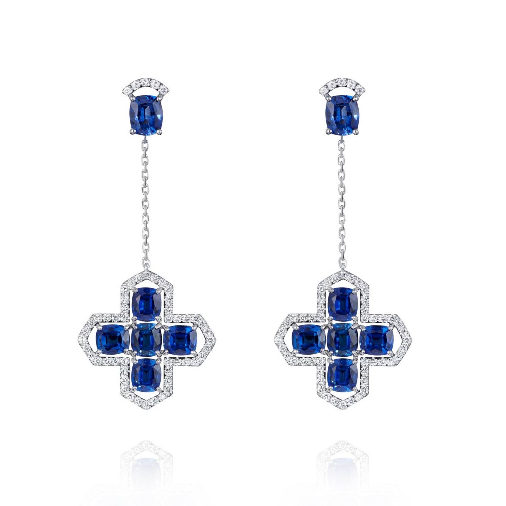 Earrings, 18-carat white gold with diamonds and sapphires